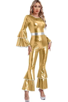 Produktbild von Damen Metallic Jumpsuit Einteiler Gr S Gold Schlaghose 70er Disco Kostüm Overall Trompetenärmel Party Karneval Fasching Halloween Show