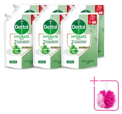 Imagen del producto de 6 unidades de recambio de jabón líquido para manos Dettol, hidratante, con aloe vera y bambú, 500 ml, pack económico