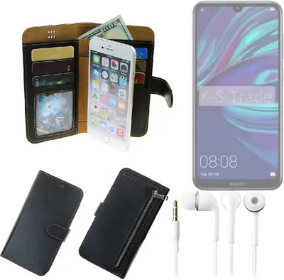 Produktbild von TOP SET Handy Hülle Schutz Hülle kompatibel mit Huawei Y7 (2019)  schwarz aus Kunstleder + Kopfhörer Smartphone Tasche vollwertige Geldbörse