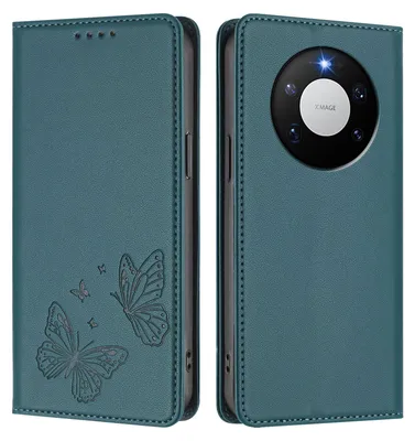 Image de Étui en cuir pour Huawei Mate 80 Pro, étui de protection type portefeuille en cuir gaufré « papillon » avec support, vert