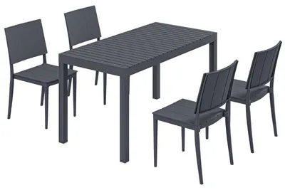Produktbild von Gartenmöbel Set Sitzgruppe 5-teilig Breiter Tisch mit 4 Stapelstühlen Lamelldesign für 4 Personen Dunkelgrau