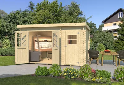 Produktbild von Gartenhaus Vaduz 254, 28 mm Wandstärke, 2-Raum Haus - B x T x H - 394.00 x 296.00 x 222.00 - Naturbelassen, KI-generiertes Bild