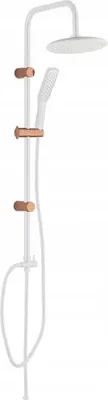 A white shower column with rose gold accents and a shower head and hand shower.