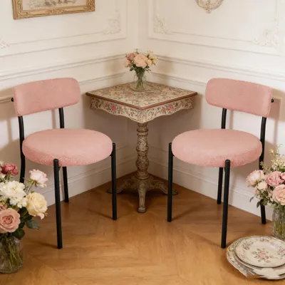 Produktbild von Esszimmerstühle 2er Set,Teddy Stoff Runde Boucle Gepolsterter Küchenstuhl,Ergonomischer Essstuhl mit Metallbeinen für Wohnzimmer,Küche (Rosa)