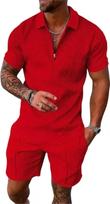 Produktbild von ASKSA Herren Sommer Trainingsanzug Polo Hemd Set Kurzarm T-Shirts und Shorts Outfit Freizeitanzug, Rot, Groesse: XL