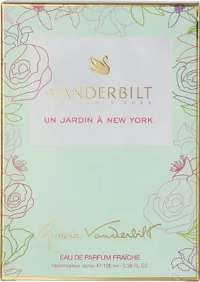 The image shows the front of a perfume box with floral designs.