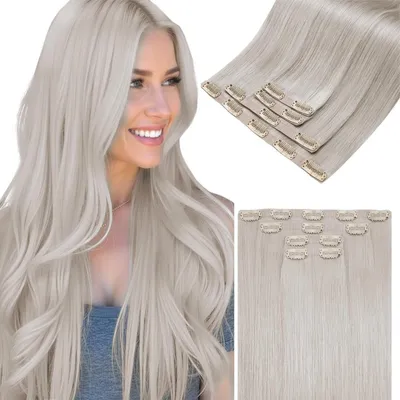 Image de Extensions à clipser, cheveux naturels, 60 cm, platine blonde, extension de cheveux sans démarcation, 100g, 4 pièces