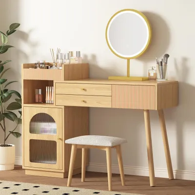 Produktbild von Eleganter Schminktisch mit LED-Beleuchtung und Spiegel, aus Holz, ideal für Schlafzimmer – Inklusive 3 Schubladen und Seitenschrank, 120x40x90 cm.