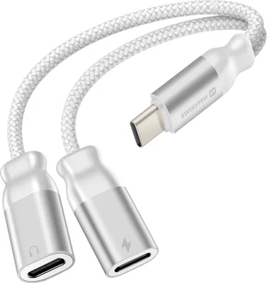 A white USB-C audio and charging splitter.