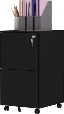 Produktbild von Rollcontainer Aktenschrank Mit 2 Schubladen, Abschließbar, Auf Rollen, Stahl, Schwarz, 37X43,5X67,5Cm