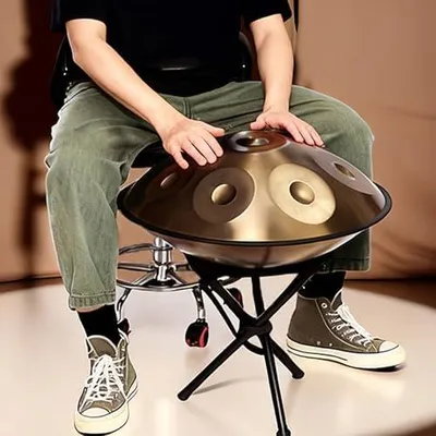 Produktbild von Handpan in d-Moll mit 9 Tönen als Komplettset mit Tasche, Ständer, Schlägeln, Sitz und Zubehör für Anfänger und Profis