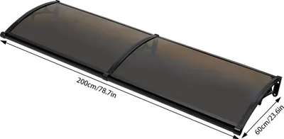 Produktbild von Türdach Vordach - Bogen 200×61 cm - Acrylplatte mit Drainagerinne - Wasserdicht UV-beständig - Schwarze Halterung - Braun getönt