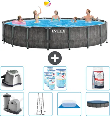 Produktbild von Intex Round Prism Frame Greywood-Schwimmbecken – 549 x 122 cm – inklusive Pumpe – Leiter – Bodenplane – Abdeckung Salzwassersystem - Filter - Poolsalz