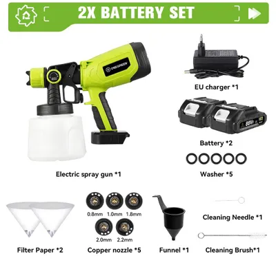 Zdjęcie produktu dla Elektryczny pistolet do natrysku farby - urządzenie do natrysku wysokociśnieniowego - 850 W - 1400 ml - 2 akumulatory - bezprzewodowe - dysza 1,2 mm - 18 V