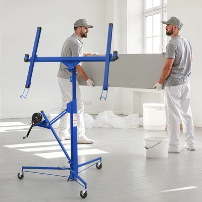 Produktbild von Ikodm Plattenheber 68 kg Q195-Stahl, Arbeitshöhe 126–325 cm, 60° neigbar, 360° drehbar, Sicherheitswinde, 3 Rollen, Blau