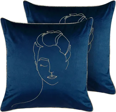 Obrázek produktu pro BELIANI Sada 2 dekorativních polštářů modré zlaté sametové 45 x 45 cm motiv obličeje glamour dekorace doplňky