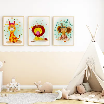 Produktbild von Safari Afrika Tiere Bilder 3er Set DIN A4 Kinderzimmer Wandbilder Babyzimmer Poster Dekoration Giraffe Löwe Elefant