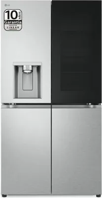 A front view of a multi-door LG refrigerator with a water dispenser.