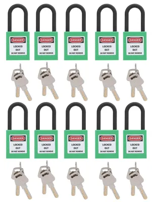 Immagine prodotto di Set di 10 lucchetti di sicurezza, colore verde, isolanti, realizzati in nylon PA, con 2 chiavi per ogni lucchetto