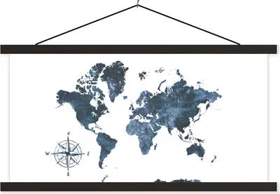 Produktbild von MuchoWow® Textilposter Weltkarte - Aquarell - Windrose 150x75 cm mit schwarzem Rahmen - Posterleiste