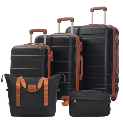Produktbild von Flieks Reisekofferset Trolley-Set 5-tlg., Hartschalenkoffer Rollkoffer mit 2 Tasche, Gepäckset mit Kosmetiktaschen, Trolleys mit TSA-Schloss, Schwarz