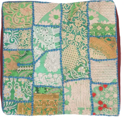 Produktbild von Patchwork Kissenhülle, Dekokissen Bezug aus Rajasthan, Einzelstück - Muster 67, Grün, Baumwolle, 40*40 cm, Zierkissen, Dekokissen, Sofakissen
