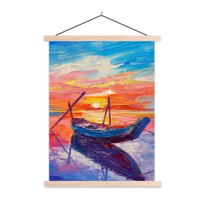 Produktbild von MuchoWow® Textilposter Malerei - Boot - Ölfarbe - Wasser 60x80 cm mit holzfarbenen Rahmen - Wandbild