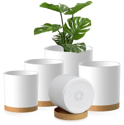 Produktbild von Blumentopf-Set mit Untersetzer, 5 Stück, Kunststoff, Weiß/Braun, 10.2-17.8cm