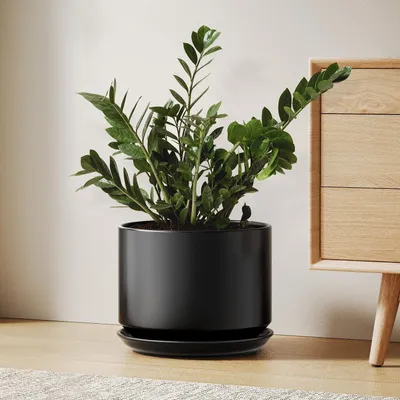 Obrázek produktu pro Keramický květináč, výška 25 cm, s podstavcem a drenážním otvorem, černý