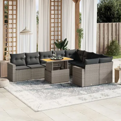 Produktbild von Design 10-tlg. Garten-Sofagarnitur mit Kissen Grau Poly Rattan, Gartenmöbel-Sets 2024 Neu