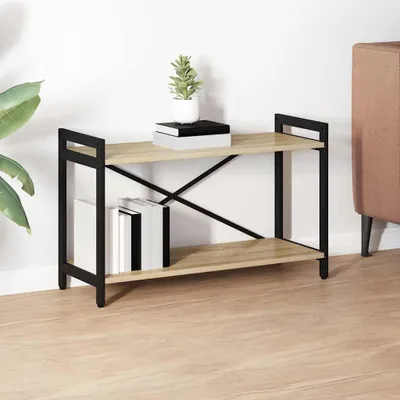 A two-tier shelf unit with a wood-effect finish and black metal frame, placed against a white wall.