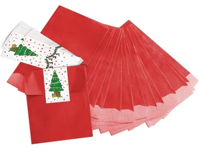 Produktbild von 10 kleine rote Papiertüten Papiertütchen (13 x 18 cm) + 10 Aufkleber grün weiß rot WEIHNACHTSBAUM (5 x 15 cm) Weihnachtsaufkleber - Mini Verpackung Weihnachten für give-aways"Danke" rote Herzen / 10 Stück