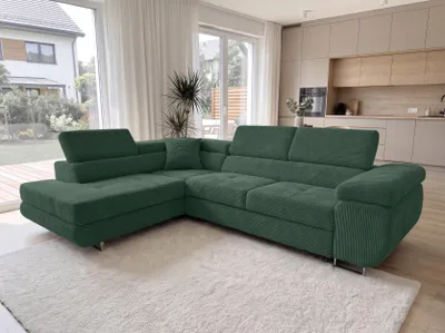 Produktbild von AX LIVING Konak Cord-Schlafsofa L Flaschengrün 276 cm, Bettkasten, Kopfstützen
