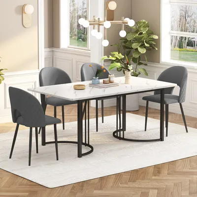 Image de Flieks Ensemble de salle à manger Ensemble de 5 pièces, Table de salle à manger avec 4 chaises, Table de salle à manger rectangulaire, Chaise de cuisine rembourrée en velours, Ensemble de table Gris Noir