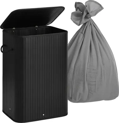 Image de Panier à linge en bambou, panier à linge à 2 compartiments avec couvercle