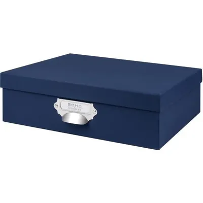 A navy blue storage box with a silver label holder and handle.