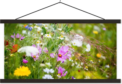 Produktbild von MuchoWow® Textilposter Blumen - Natur - Grün - Gras - Lila - Weiß 60x30 cm mit schwarzem Rahmen - Textilien