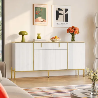 Produktbild von 160 cm Sideboard mit 1 großen Schublade 4 Türen, Kommode mit Verstellbaren Einlegeböden, mit 5 Füßen, Weiß und Gold, 160 x 40 x 80 cm