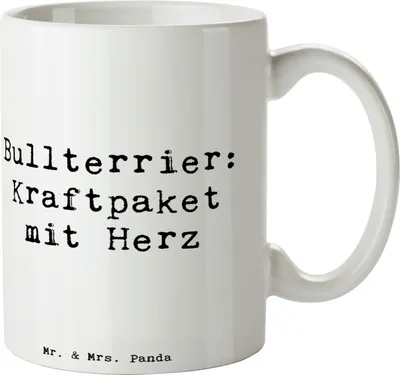 Produktbild von Mr. & Mrs. Panda Kaffeetasse Spruch Bullterrier Kraftpaket - Weiß - Geschenk, Teetasse, Hunderasse, schöne tasse, Hunderassen Pflege, treue Begleiter, Vierbeiner, Charme
