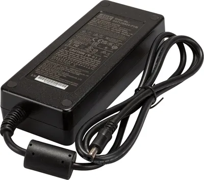 A black AC-DC power adapter with a coiled cable is shown on a white background.