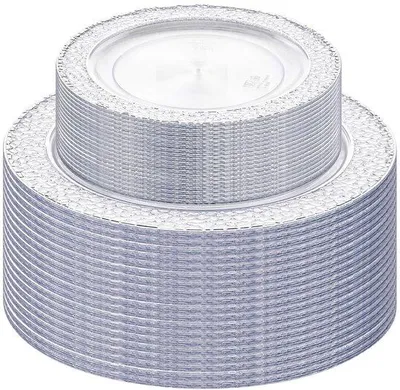 Obrázek produktu pro Sada plastových talířů – talíře se stříbrným okrajem – 19 cm a 26 cm