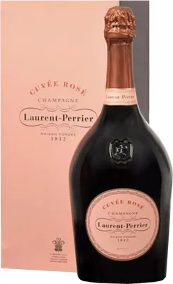 A bottle of Laurent Perrier Cuvée Rosé Champagne and its gift box.