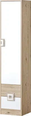 A tall, narrow cabinet with a white door and two drawers with wood grain accents.