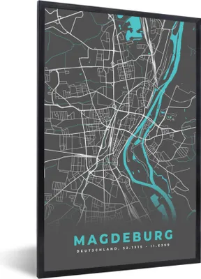 Produktbild von MuchoWow® Gerahmtes Poster Blau - Deutschland - Karte - Stadtplan - Magdeburg 60x90 cm - Poster mit Schwarzem Bilderrahmen Wandposter Rahmen Foto Bilder - Kunst