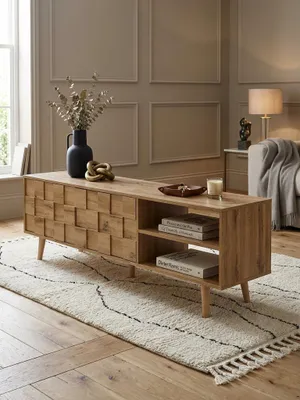 Produktbild von Lowboard Holz Eiche-Nachbildung 160x51x40 cm TV-Kommode mit zwei Türen, Design TV-Schrank Hoch, Fernsehtisch Fernsehschrank Modern, Fernsehkommode Wohnzimmer