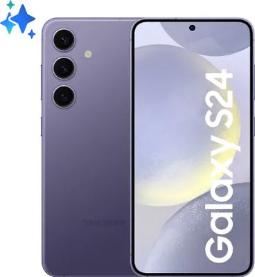 A product shot of a purple Samsung Galaxy S24 smartphone, showing both the front and back of the device.