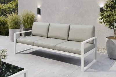 Produktbild von Margaret Hadas24 Gartensofa 3 Sitzer Outdoor Madera Lounge Couch Terrasse wetterfest Balkonmöbel Sitzbank mit Lehne, Gartenmöbel weiß, beige