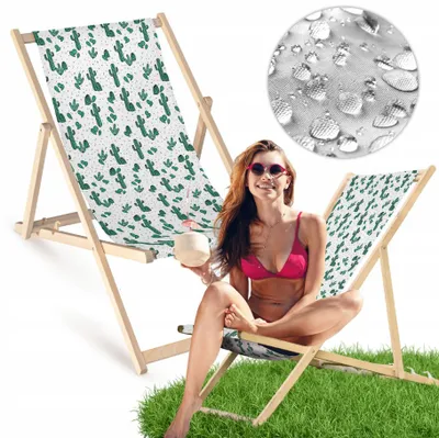 Produktbild von Liegestuhl klappbar aus Holz mit Kaktus-Motiv – Klappstuhl Klappliege Sonnenstuhl Strandstuhl Gartenliege