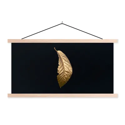 Produktbild von MuchoWow® Textilposter Blätter - Luxus - Gold - Schwarz - Natur 60x30 cm mit holzfarbenen Rahmen - Dekoration