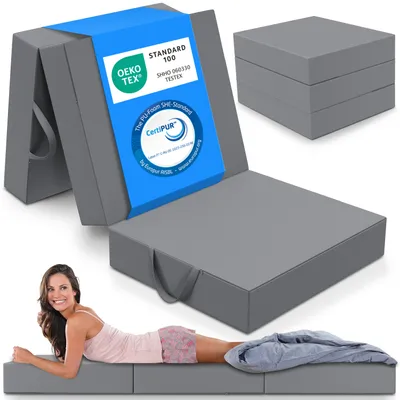 Produktbild von Materac składany ELONEO, materac gościnny, 3-częściowy materac składany, bardzo gruba pianka (15 cm), składany, składany materac, (szary, 75 x 195 x 15 cm)